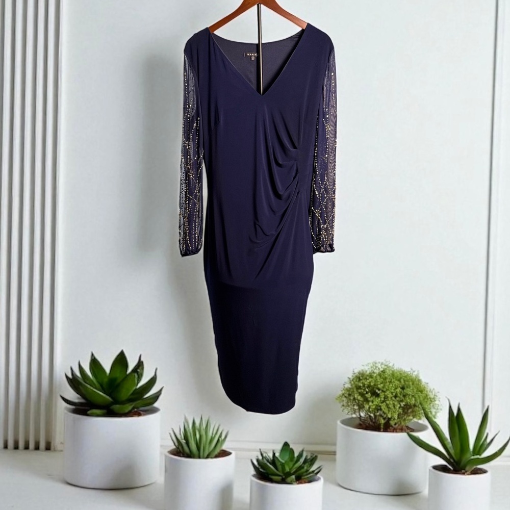Marina Navy Blue V Neck Beaded Ruched Midi Cocktail Dress l Size XL